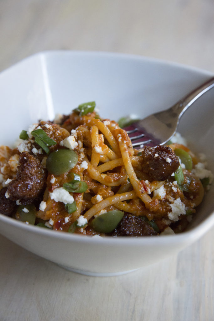 bucatini pasta with chorizo and feta cheese recipe